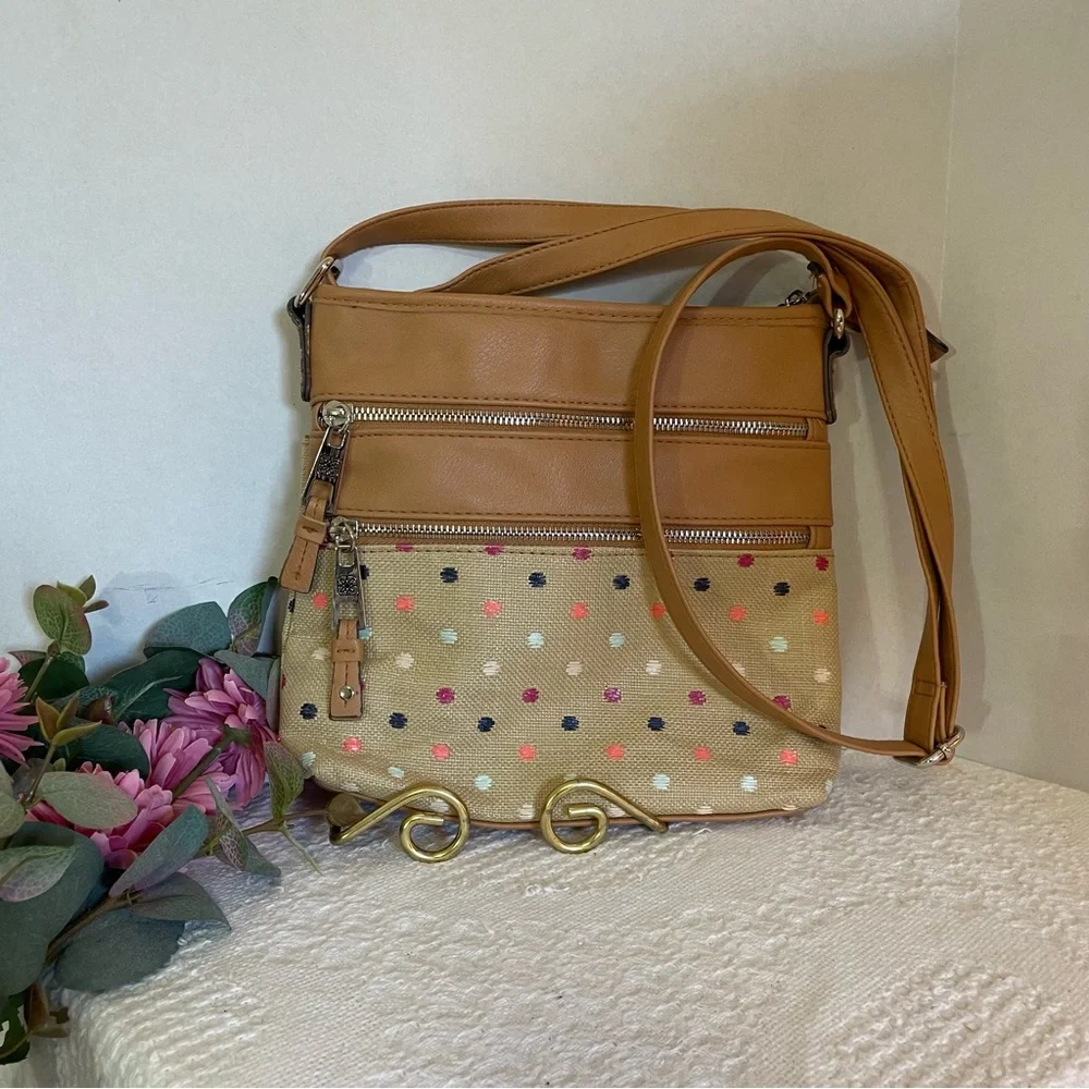 Women’s Tan and Multicolor Dots Crossbody Canvas Style Bag